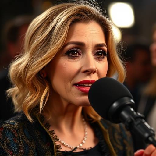 Atriz renomada em uma entrevista com microfone