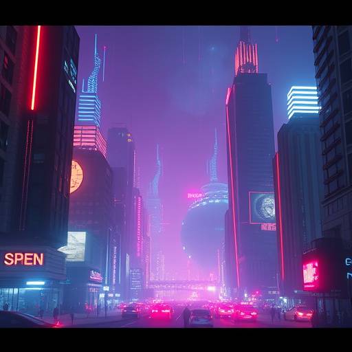 Cena de uma cidade futurista iluminada por neon para uma s&eacute;rie de fic&auml;&atilde;o cient&iacute;fica.