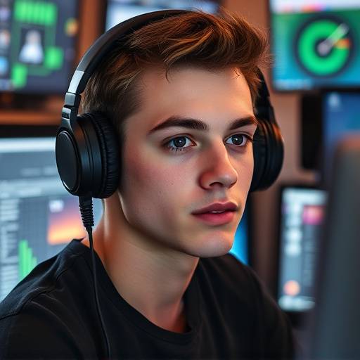 Retrato de um jovem com fones de ouvido, em frente a um computador com v&aacute;rias telas