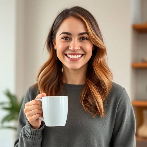 Retrato de uma mulher com um sorriso acolhedor, com uma caneca de caf&eacute; na m&atilde;o