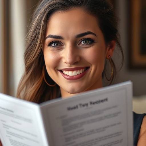 Retrato de uma mulher sorridente, com cabelo preso, segurando um roteiro de s&eacute;rie