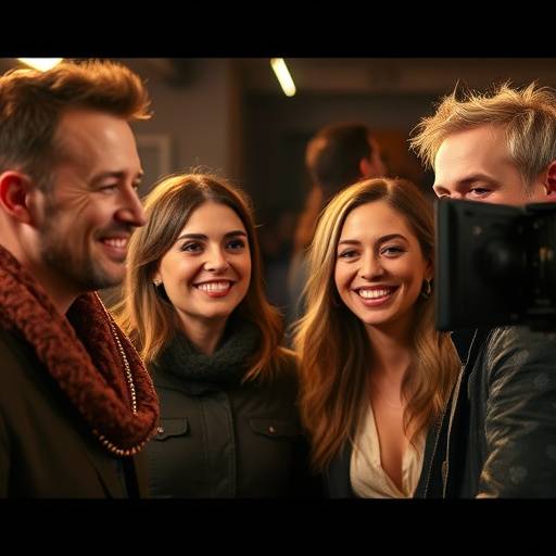 Um grupo de atores sorrindo em um set de filmagem